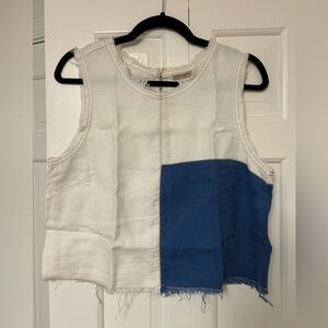HOLDING HORSES White Denim Frayed-Edge Top with Blue Hanger Accent
